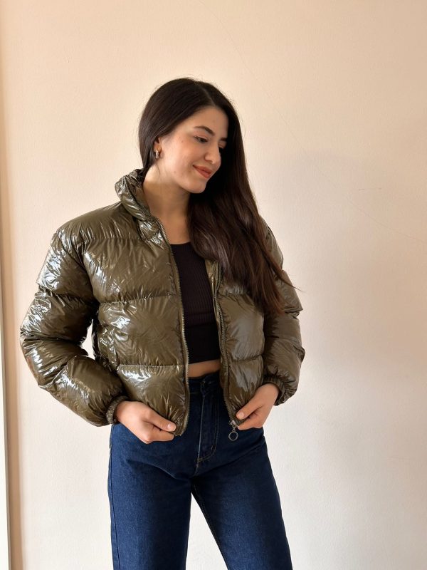 Haki Renk Parlak Kapitone Şişme Mont